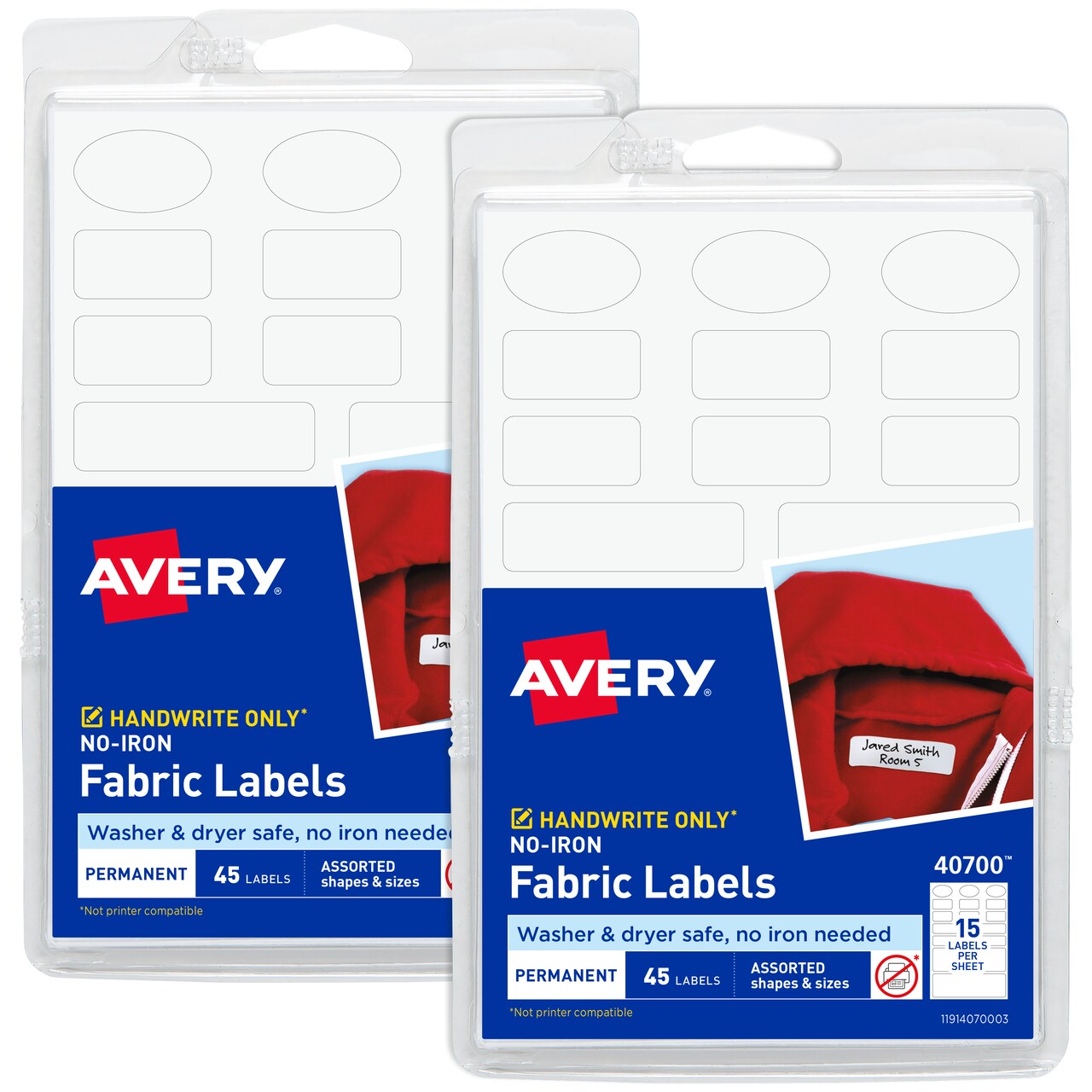 Avery No-Iron Fabric Labels, Assorted Shapes and Sizes, Washer and Dryer-Safe, White, Non-Printable, 45 Labels Per Pack, 90 Blank Labels Total (2-Pack of 40700)